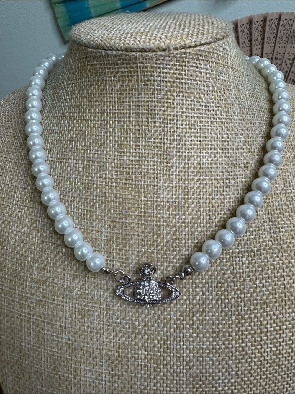 Glass Pearl Bead Necklace with Silver Orb Pendant - White